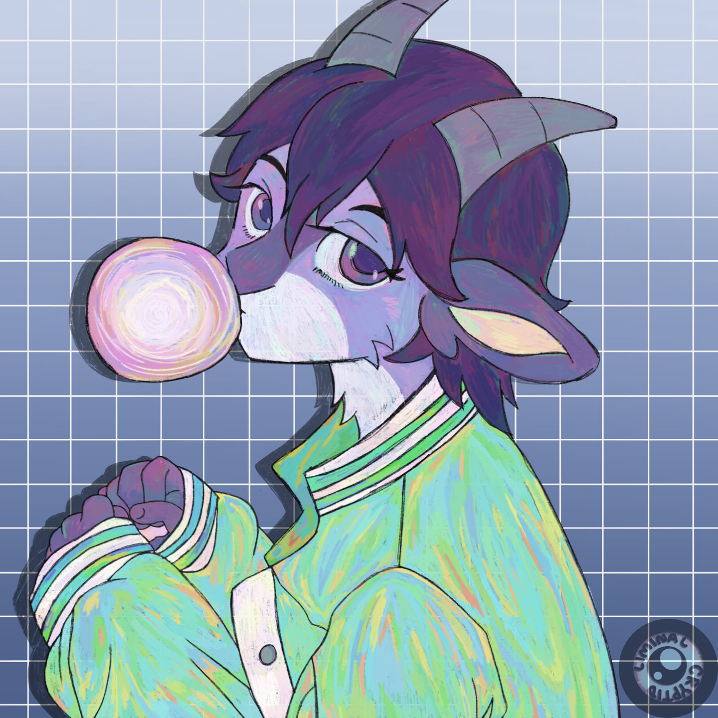 Xemi, a purple goat with dark hair, looking cute