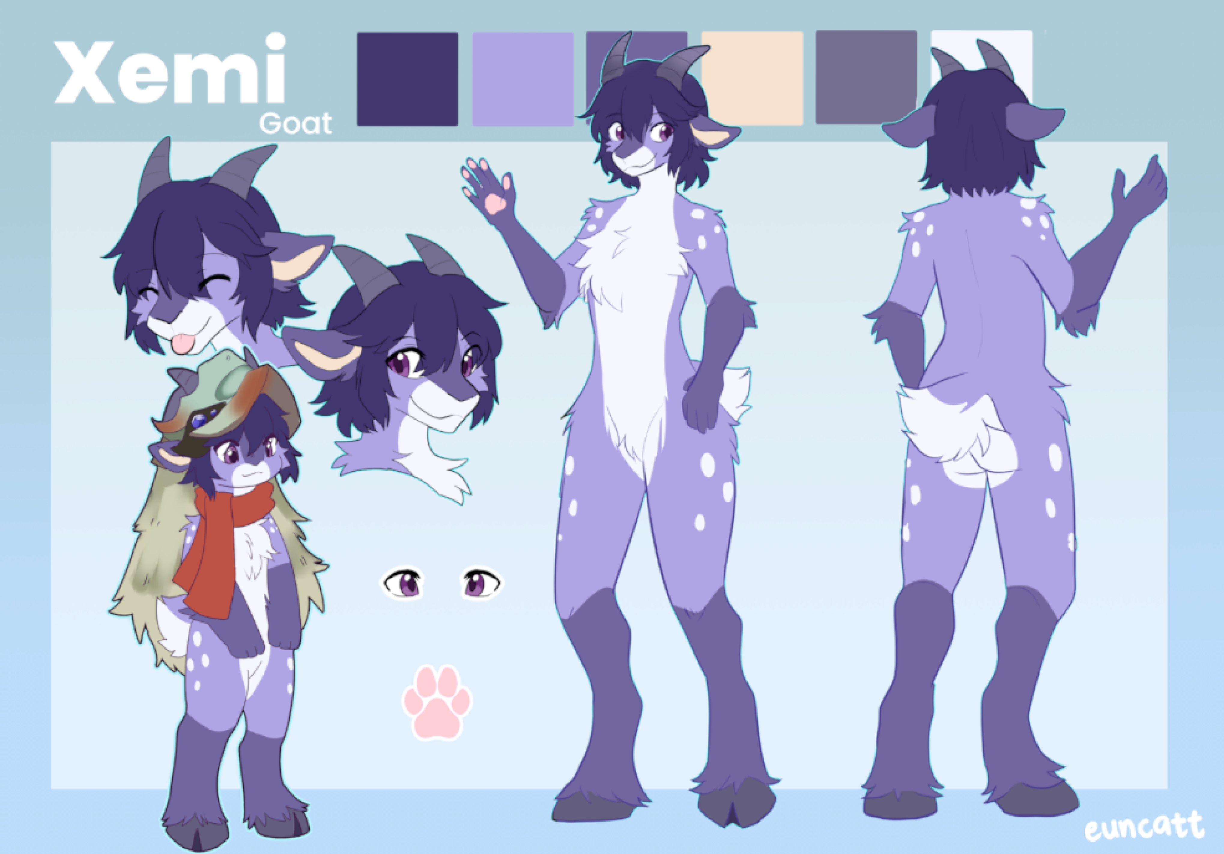 Xemi character reference sheet by euncatt — purple goat with dark navy hair, small horns, white spots, and cloven hooves